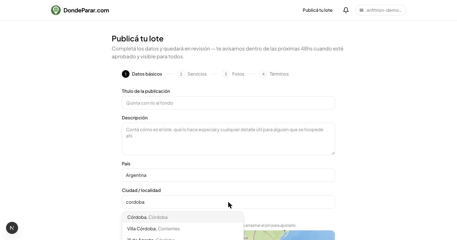 Campo de ciudad con el desplegable de sugerencias mostrando Córdoba, Córdoba