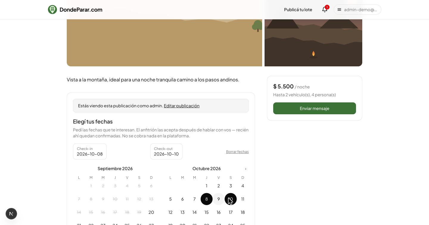 Calendario de la ficha con un check-in y un check-out ya seleccionados