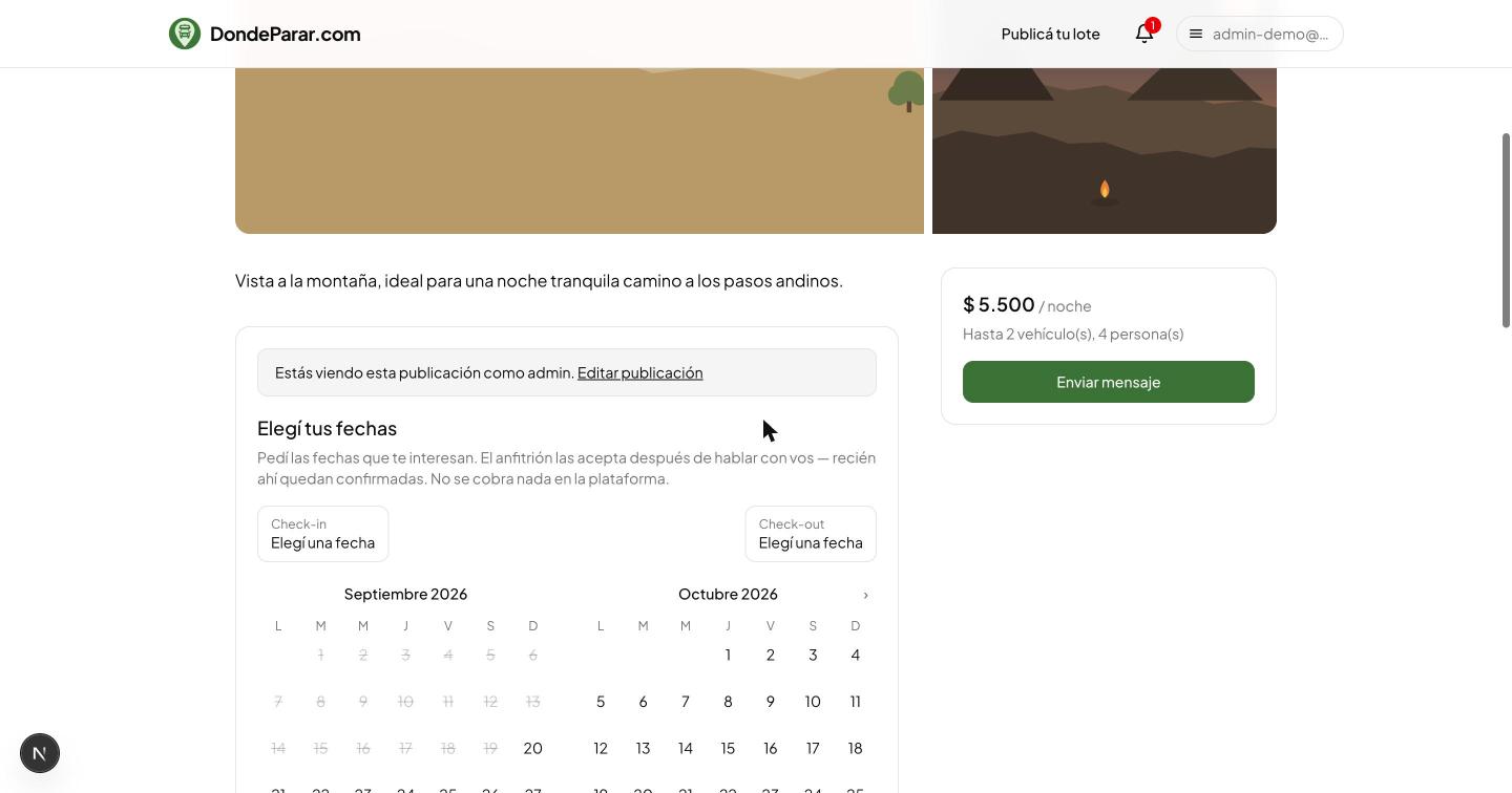 Ficha de un lote mostrando el calendario para elegir fechas y el botón Enviar mensaje