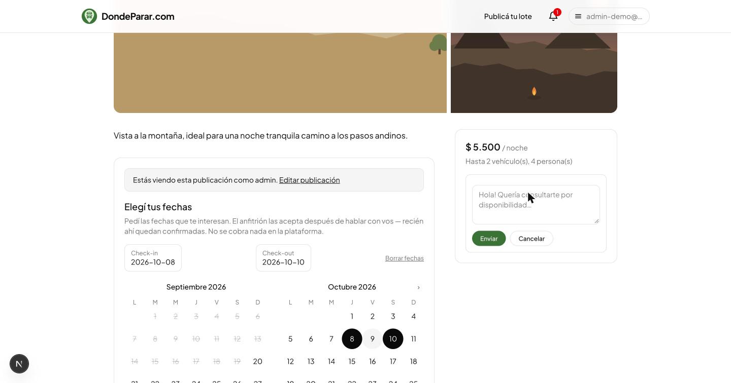 Formulario para escribirle un mensaje al anfitrión desde la ficha del lote