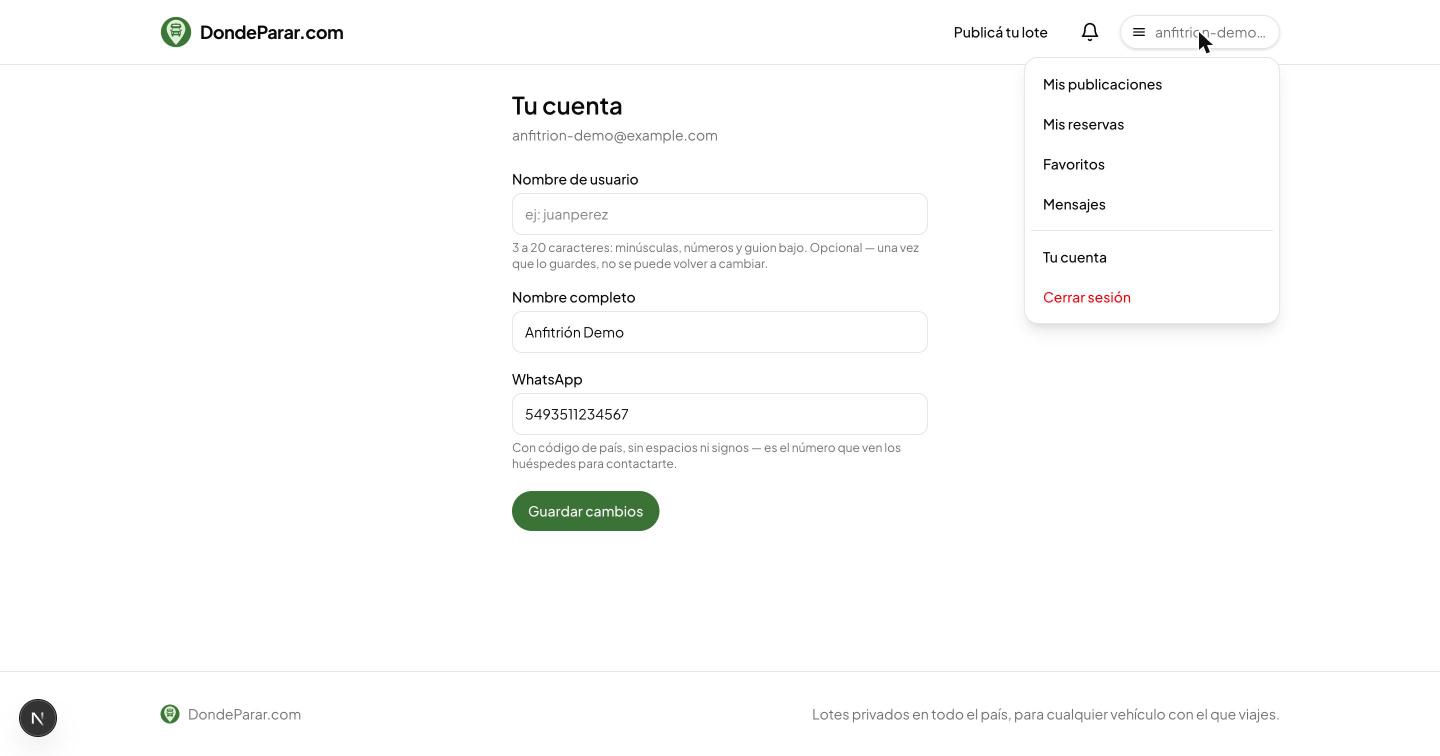 Menú de cuenta desplegado en el header, con los links a Mis publicaciones, Mis reservas, Favoritos, Mensajes, Tu cuenta y Cerrar sesión