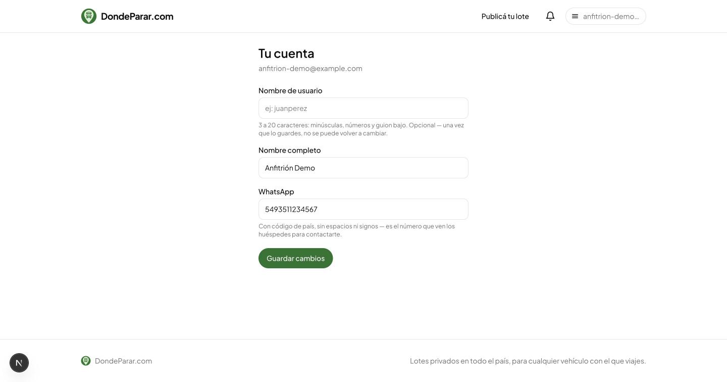Página de perfil con los campos Nombre de usuario, Nombre completo y WhatsApp