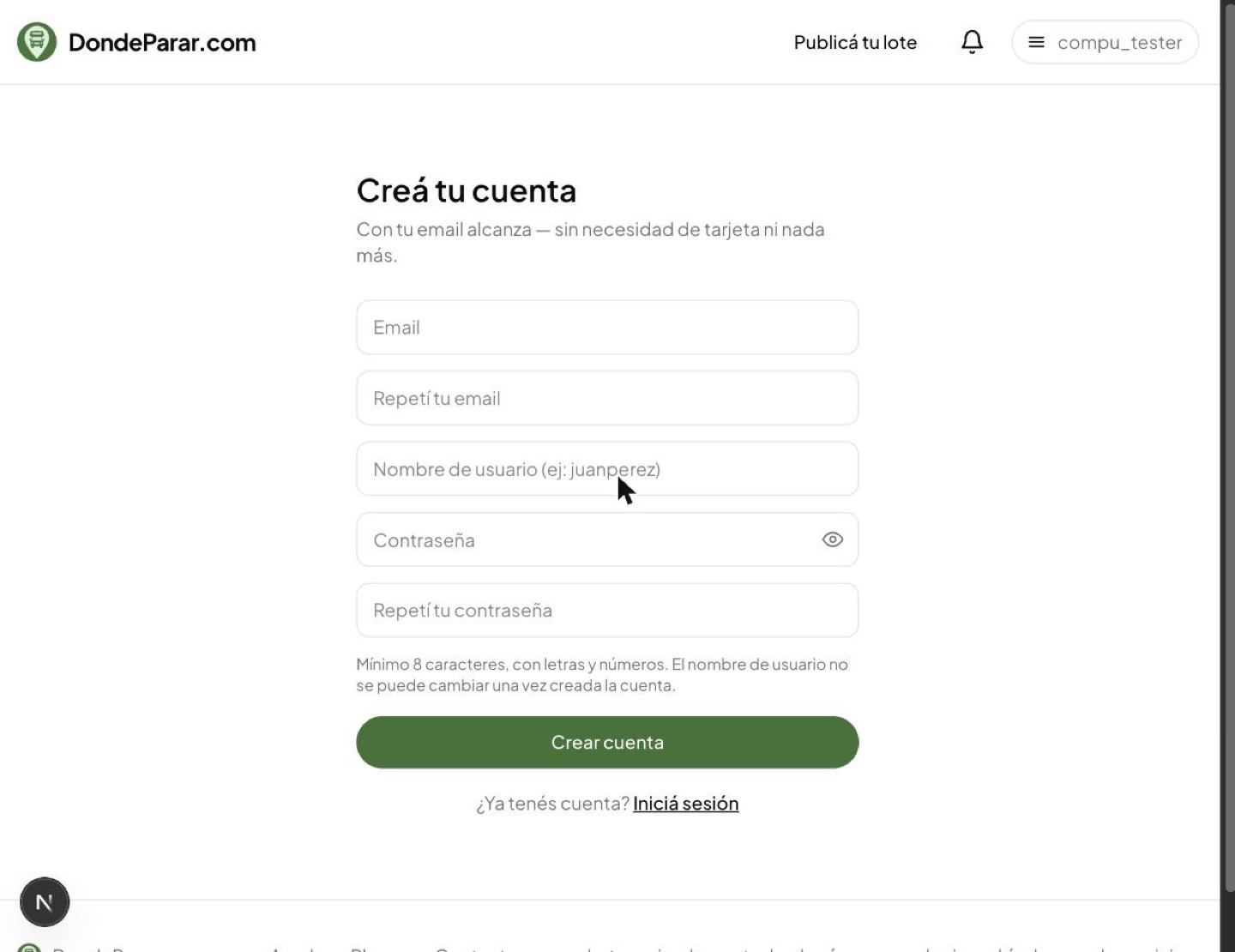 Formulario de registro con los campos Email, Repetí tu email, Nombre de usuario, Contraseña y Repetí tu contraseña